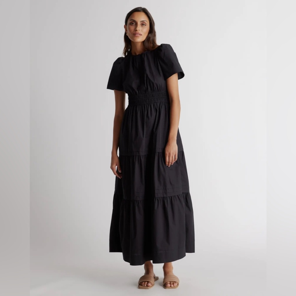 Quince Black Organic Cotton Tiered Maxi Dress sz M Women's Pockets Poplin Fabric